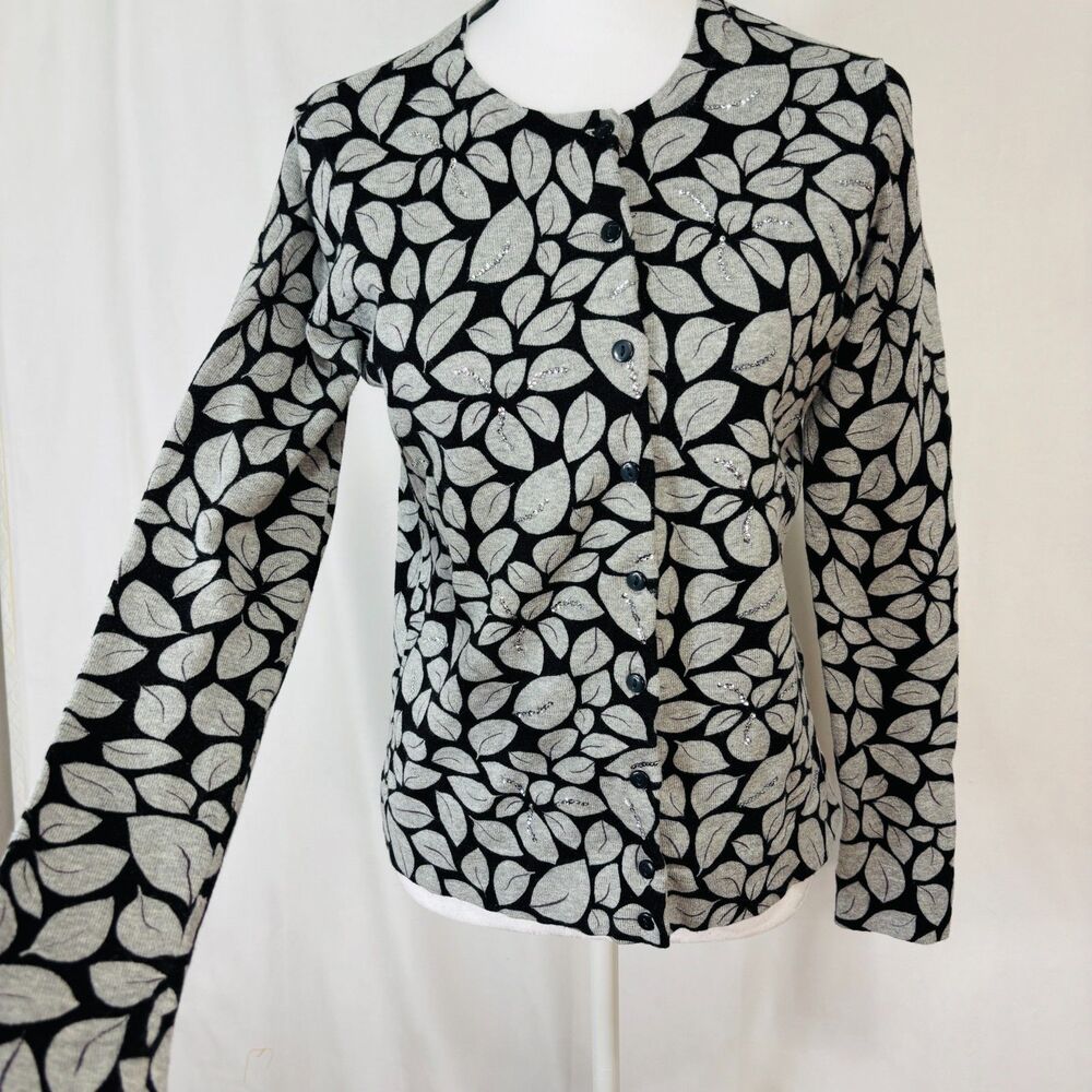 Womens Button Down Cardigan Sz S‎ Black Gray Silver Sequin Career Preppy Chic - Picture 2 of 8